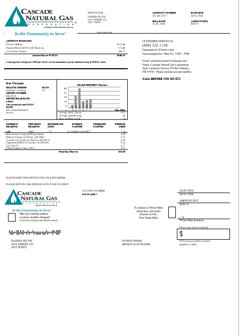 USA Cascade Natural Gas business utility bill, Word and PDF template PSD template
